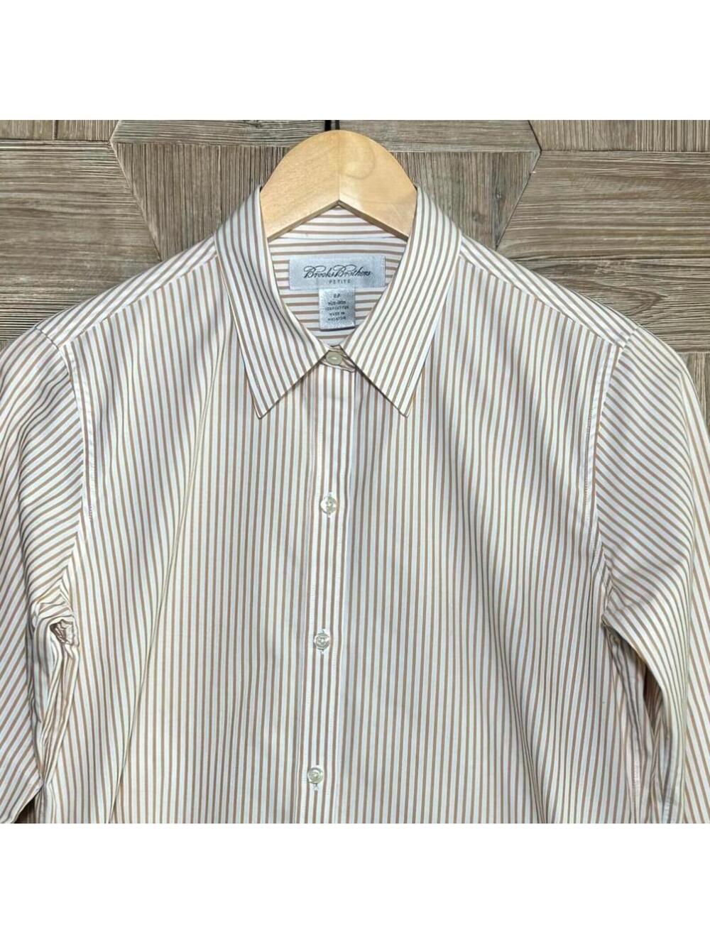 Brooks Brothers Minimalist Tan White Striped Button Up Shirt 8P Neutral Preppy